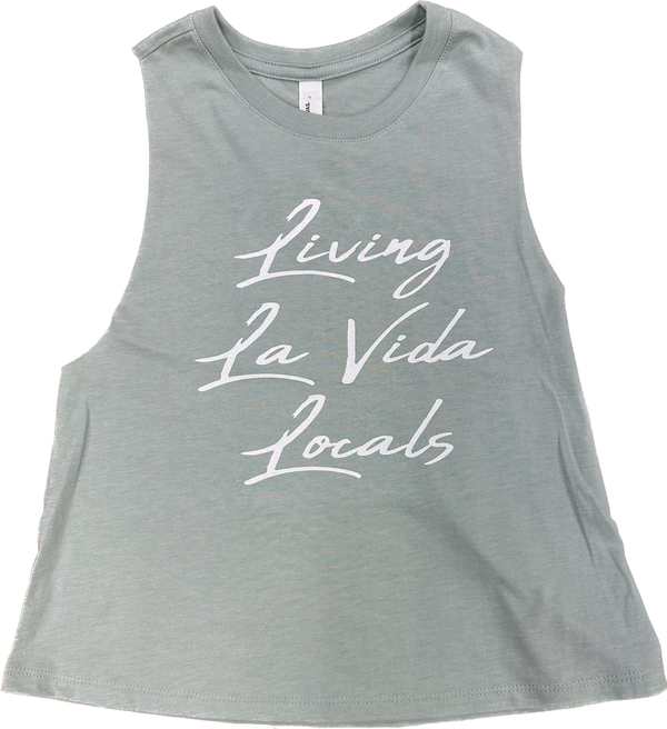 LIVING LA VIDA LOCALS RACERBACK CROP TANK HEATHER DUSTY BLUE