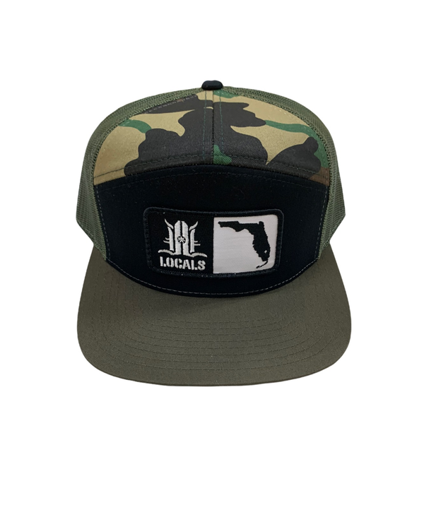 LOCALS FLORIDA BOARDERS 7 PANEL FLAT BRIM TRUCKER BLACK/LODEN/CAMO