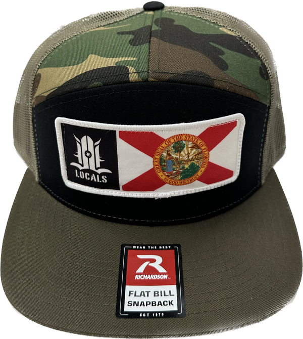 FLORIDA LOCALS 7 PANEL TRUCKER BLACK/CAMO/LODEN