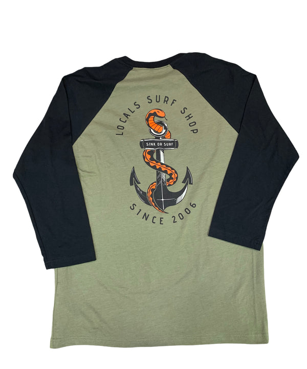 LOCALS MENS SEA SNAKE "SINK OR SURF" 3/4 SLEEVE RAGLAN BLACK/OLIVE