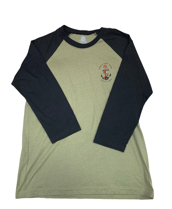 LOCALS MENS SEA SNAKE "SINK OR SURF" 3/4 SLEEVE RAGLAN BLACK/OLIVE